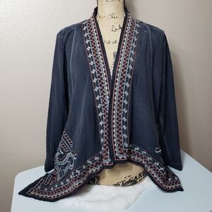 Monoreno Embroidered Acid Wash Knit Open Jacket with Pockets-Size M